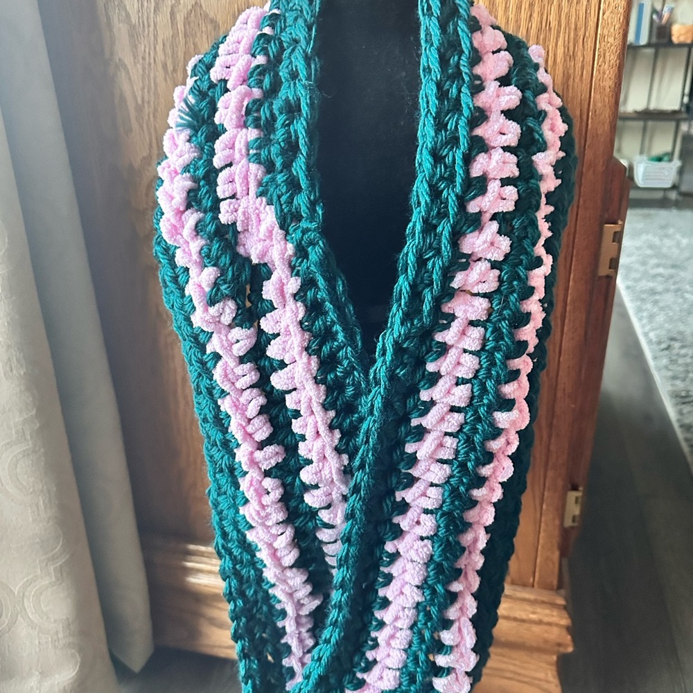 Hand crocheted Green and Pink Infinity Scarf